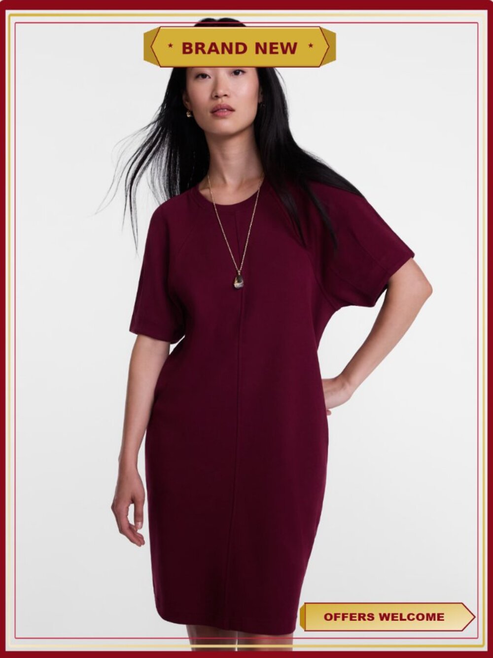 Mini Dress Short Raglan Sleeves Crew Neck Cotton Interlock Jersey
